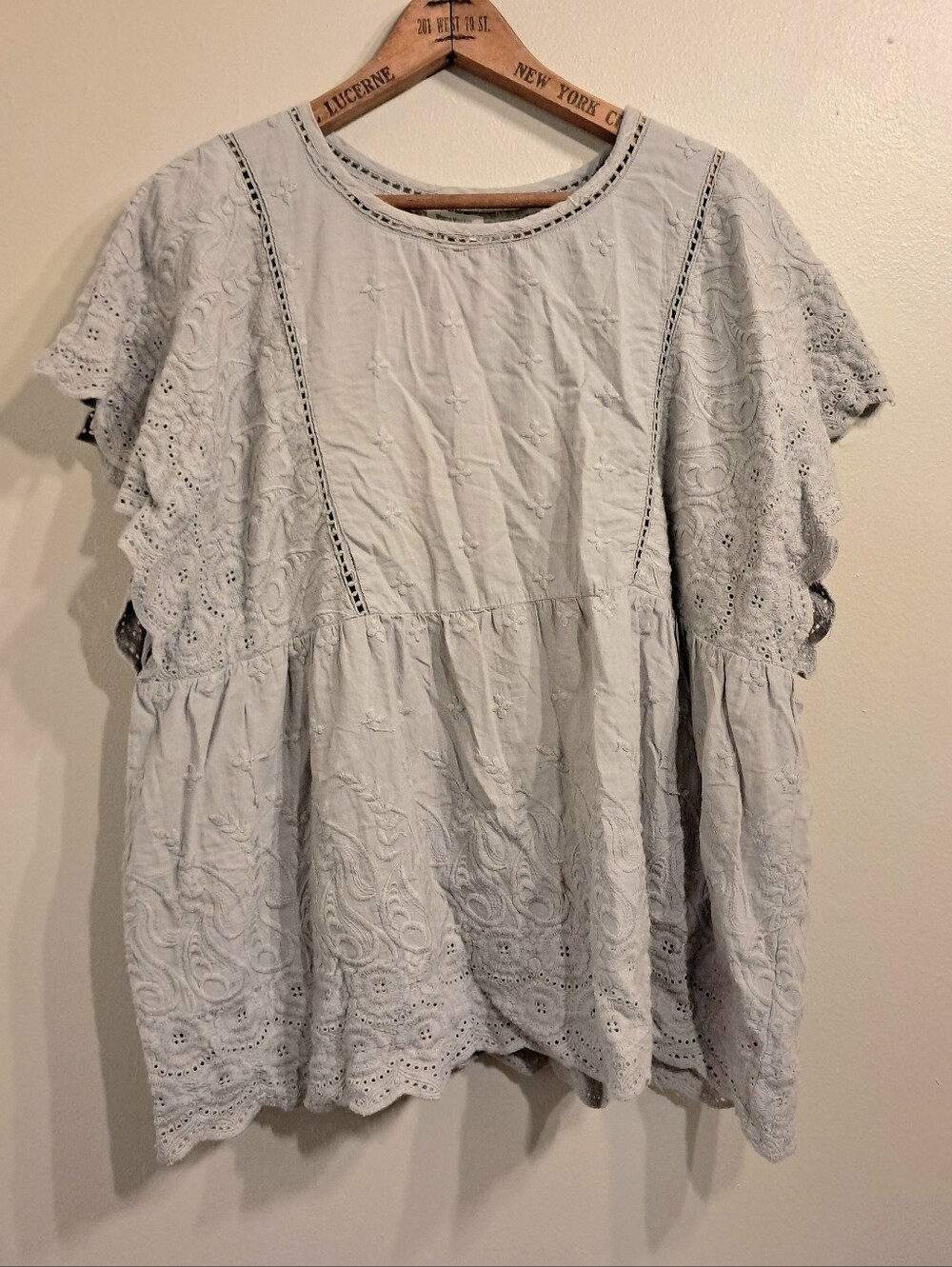 World Market Light Gray Embroidered Lace Boho Top